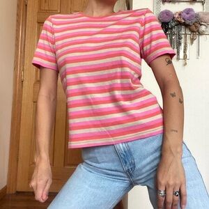 Vintage Striped Pink and Cream Women's Short Sleeve Tee Shirt